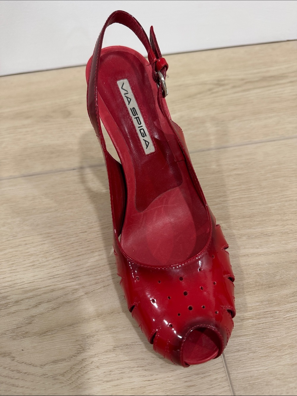 Via Spiga Red Patent Peep-Toe Slingback Heels with Cutout Perforation - Picture 7 of 9